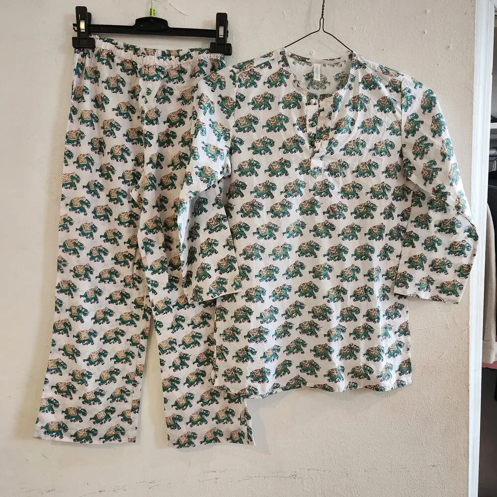 Anokhi Koki Kids Sz 8-9 Cotton Kurta Green Elephant All-Over Hand-Block Print